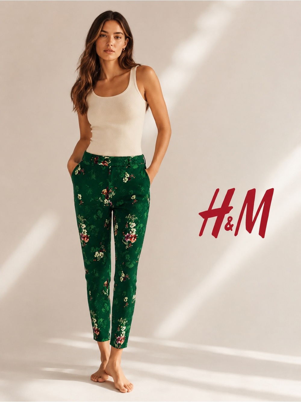 H&M Green Floral Slim Ankle Trousers